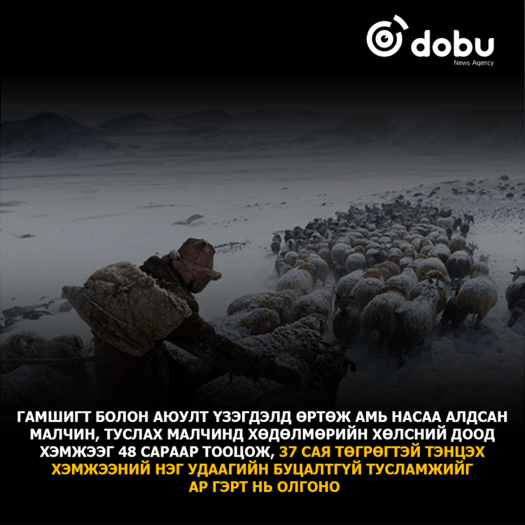 Гамшигт болон аюулт үзэгдэлд өртөж амь насаа алдсан малчин, туслах малчны ар гэрт 37 сая төгрөгтэй тэнцэх хэмжээний нэг удаагийн буцалтгүй тусламж олгоно
