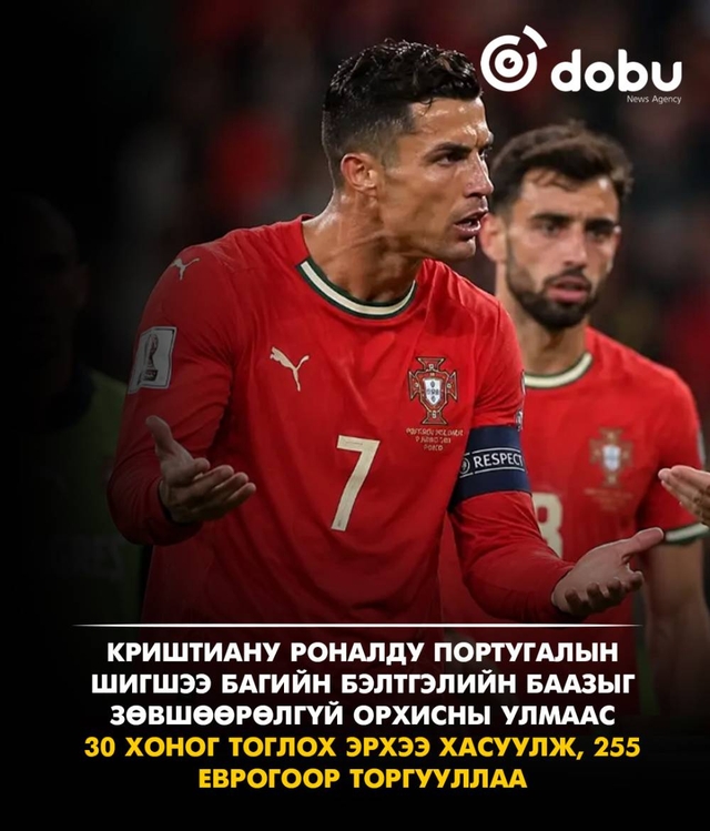 Криштиану Роналду Португалын шигшээ багийн бэлтгэлийн баазыг зөвшөөрөлгүй орхисны улмаас 30 хоног тоглох эрхээ хасуулж, 255 еврогоор торгууллаа