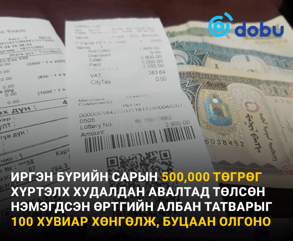 Иргэн бүрийн сарын 500,000 төгрөг хүртэлх худалдан авалтад төлсөн нэмэгдсэн өртгийн албан татварыг 100 хувиар хөнгөлж, буцаан олгоно